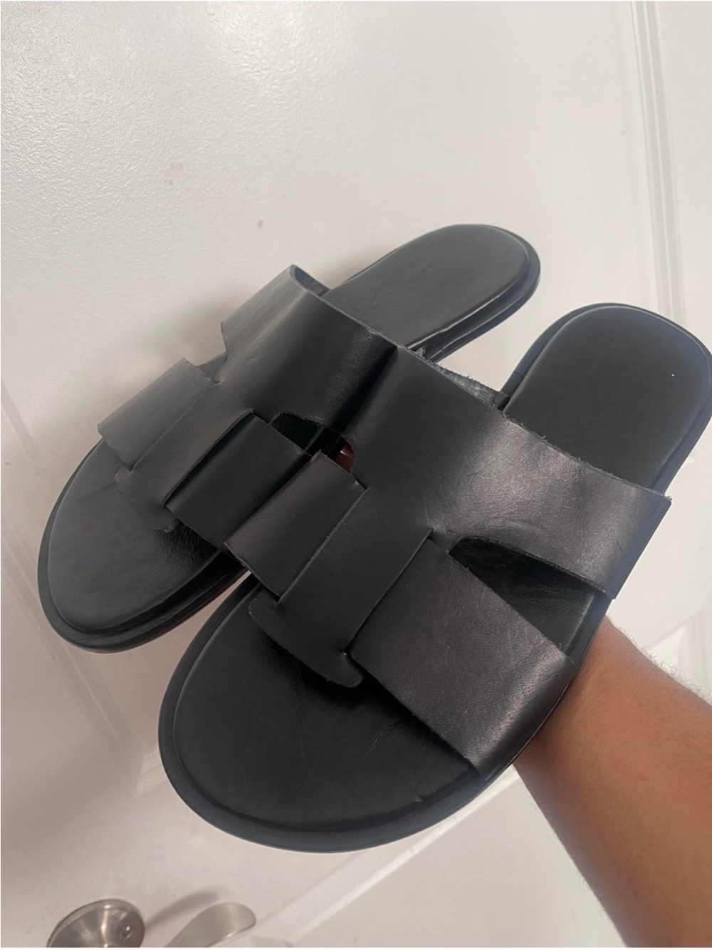 New Black Leather Mens Slide Sandals Sz 10.5
